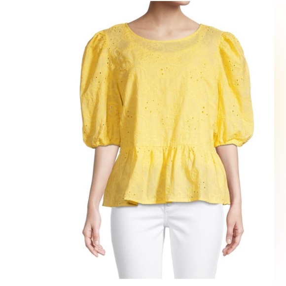 NANETTE Nanette Lepore yellow Puff Sleeve eyelet lace‎ Peplum Top blouse size XS - Picture 3 of 3